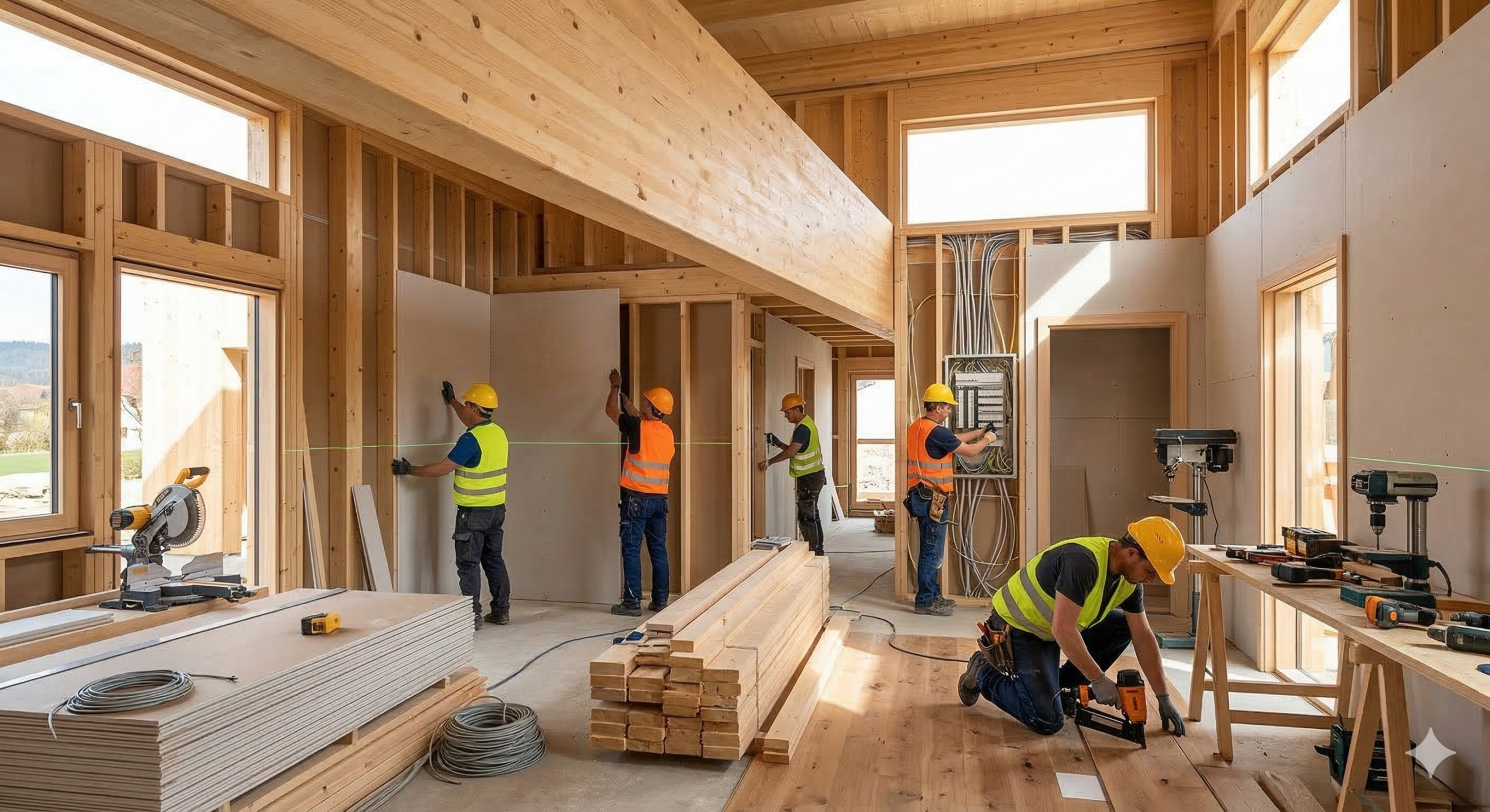 Meticulous interior finishing: drywall installation, electrical wiring, and hardwood flooring in progress.