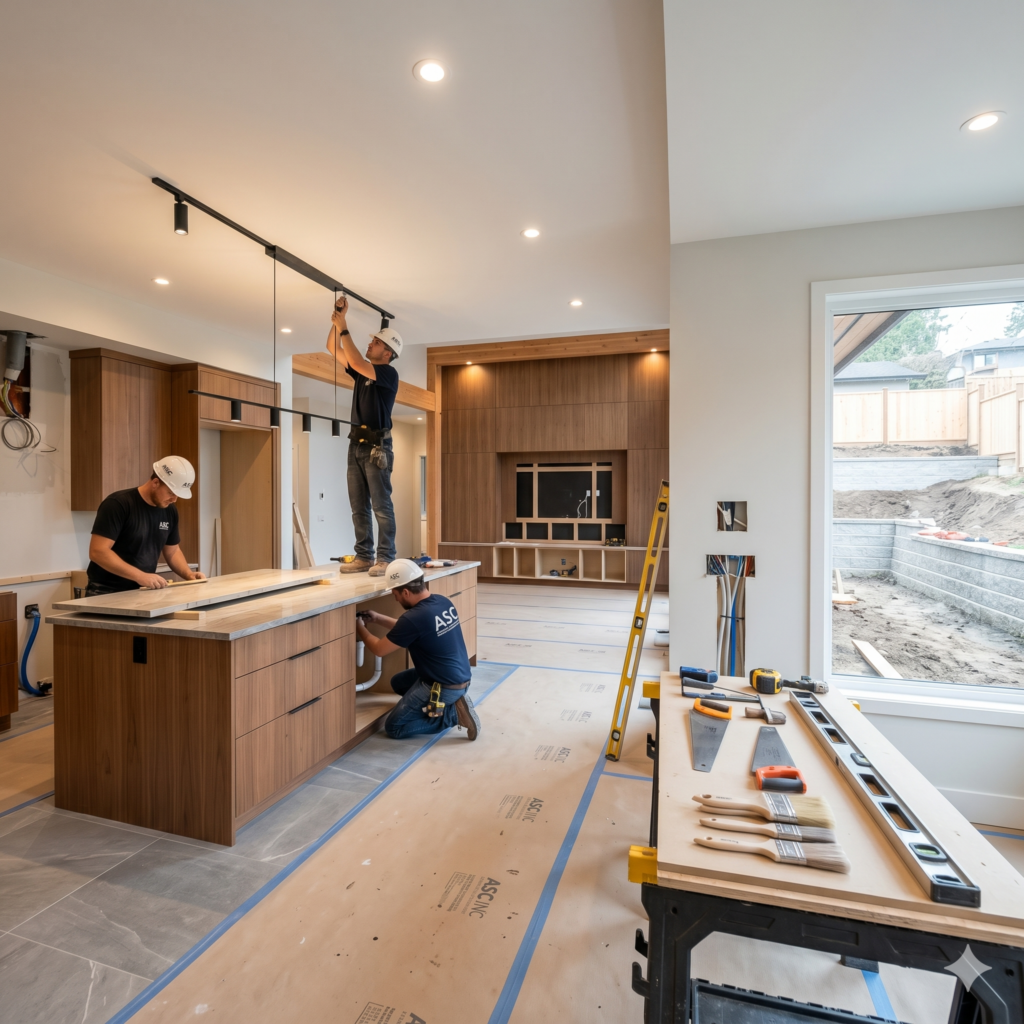 Skilled professionals performing a high-end kitchen renovation with surgical precision. / 수술과 같은 정밀함으로 고급 주방 리모델링을 수행 중인 전문가들의 모습.